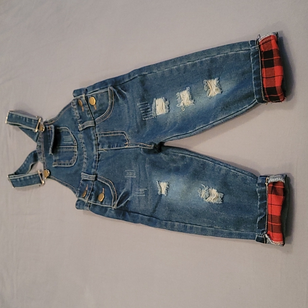 Children's Denim Overalls with Red Plaid Accents